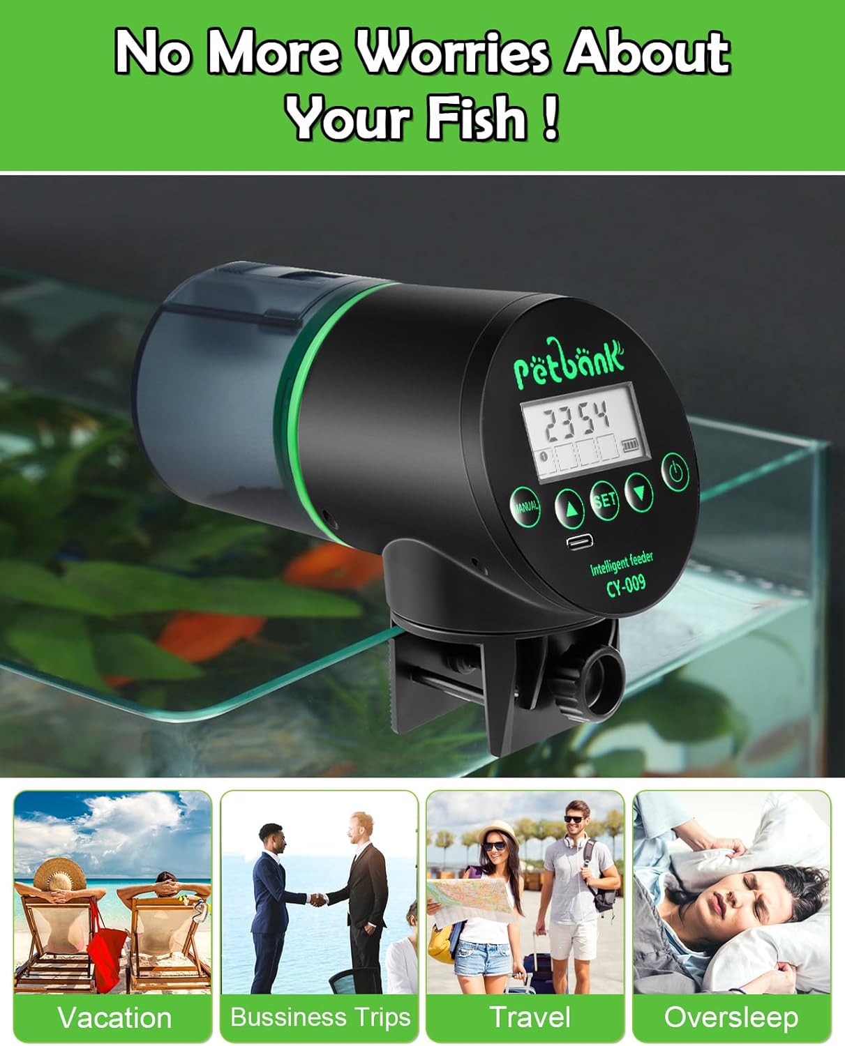 Automated rotating petbank fish feeder releasing pellets into aquarium water