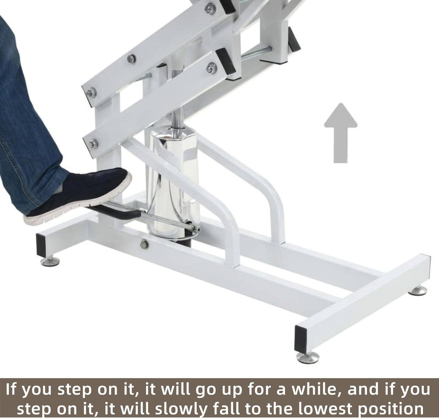 Close up of the foot operated hydraulic pump bar on the Afqxf pet grooming station.