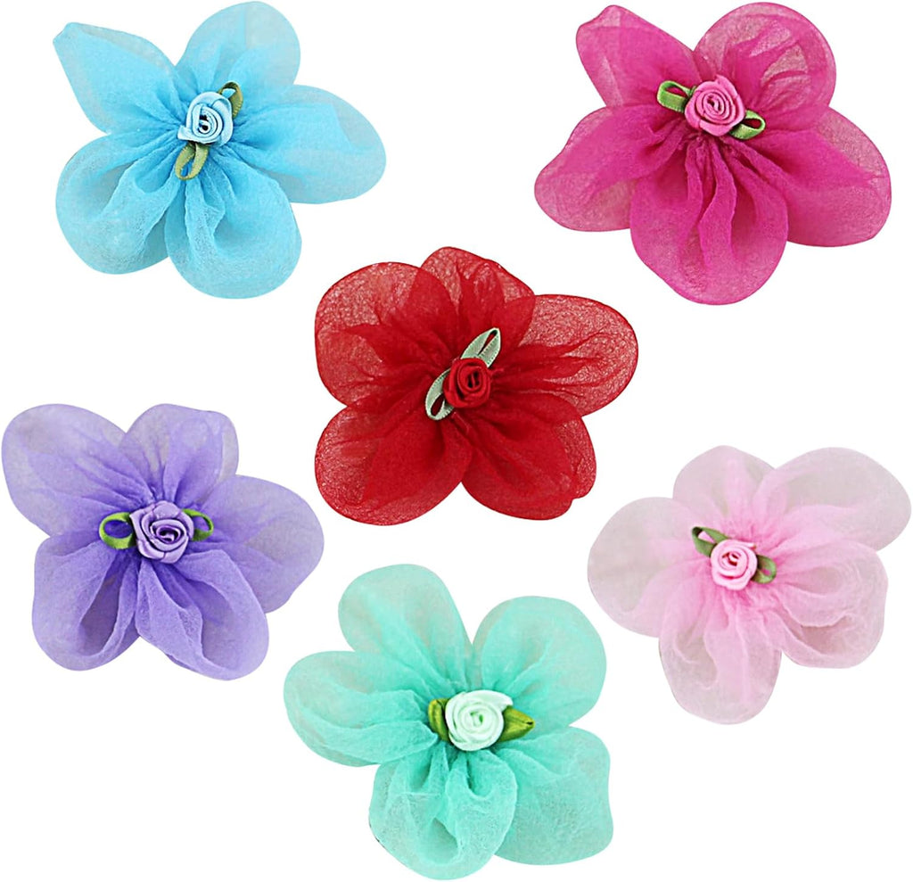 UBQUBQ 6Pcs Dog Collar Accessories front view showing six colorful organza flower charms