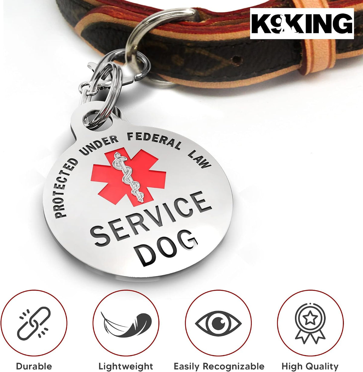 K9King service dog federal protection tag back view highlighting clear lettering
