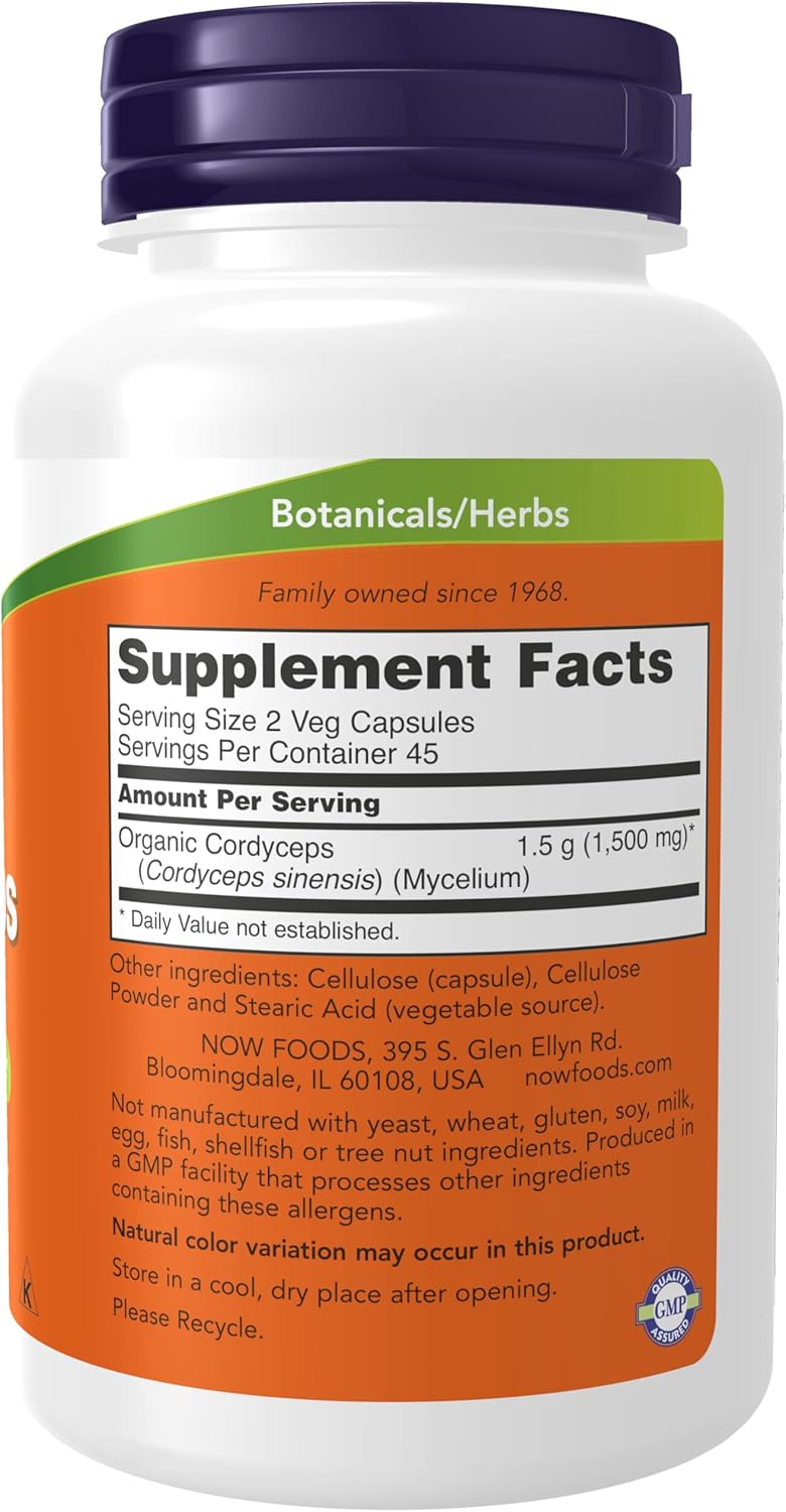 Authentic NOW Foods Cordyceps supplement bottle showing dietary facts and organic ingredients panel