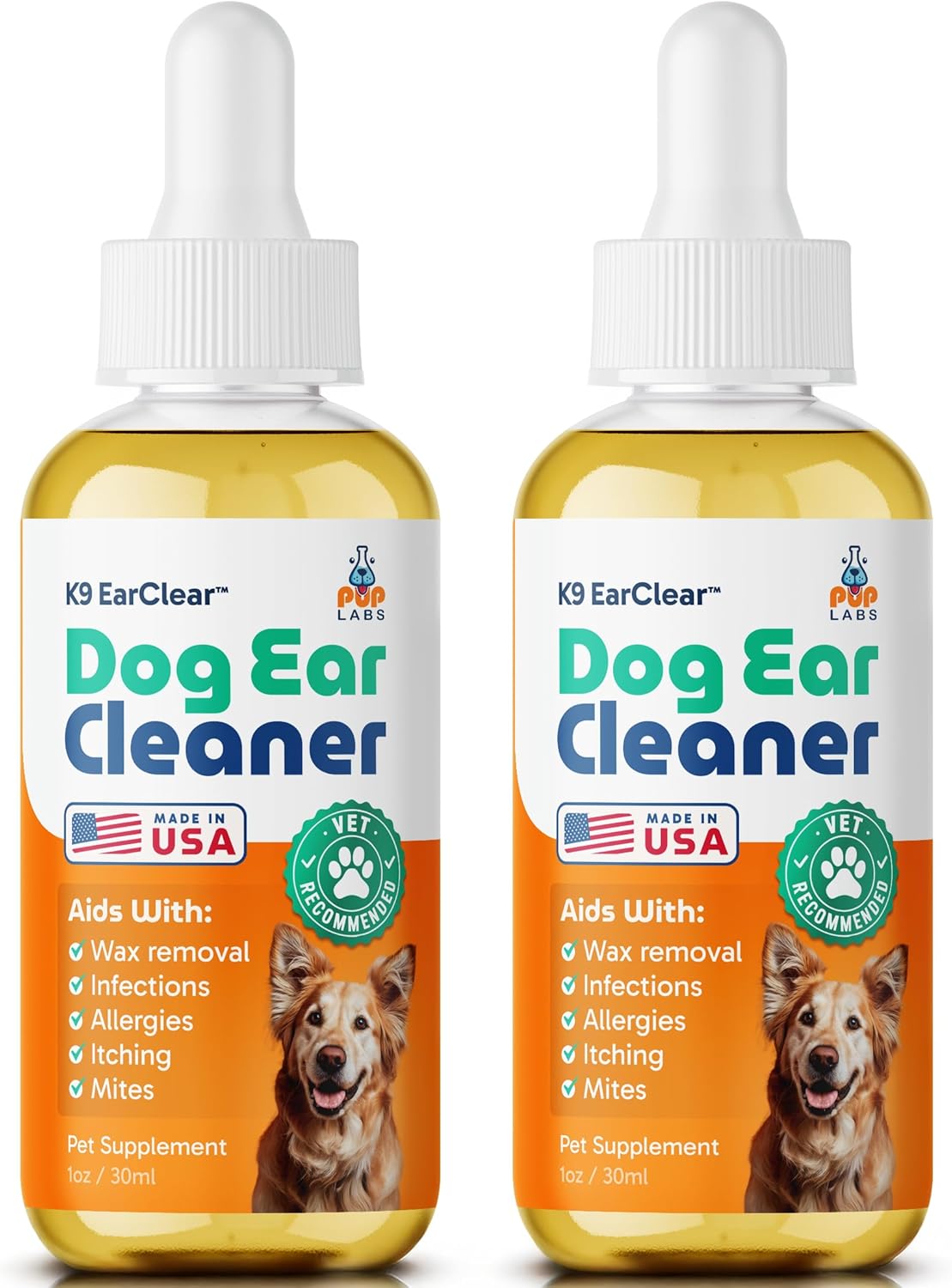 Close up of Pup Labs Ear Clear bottle with application dropper