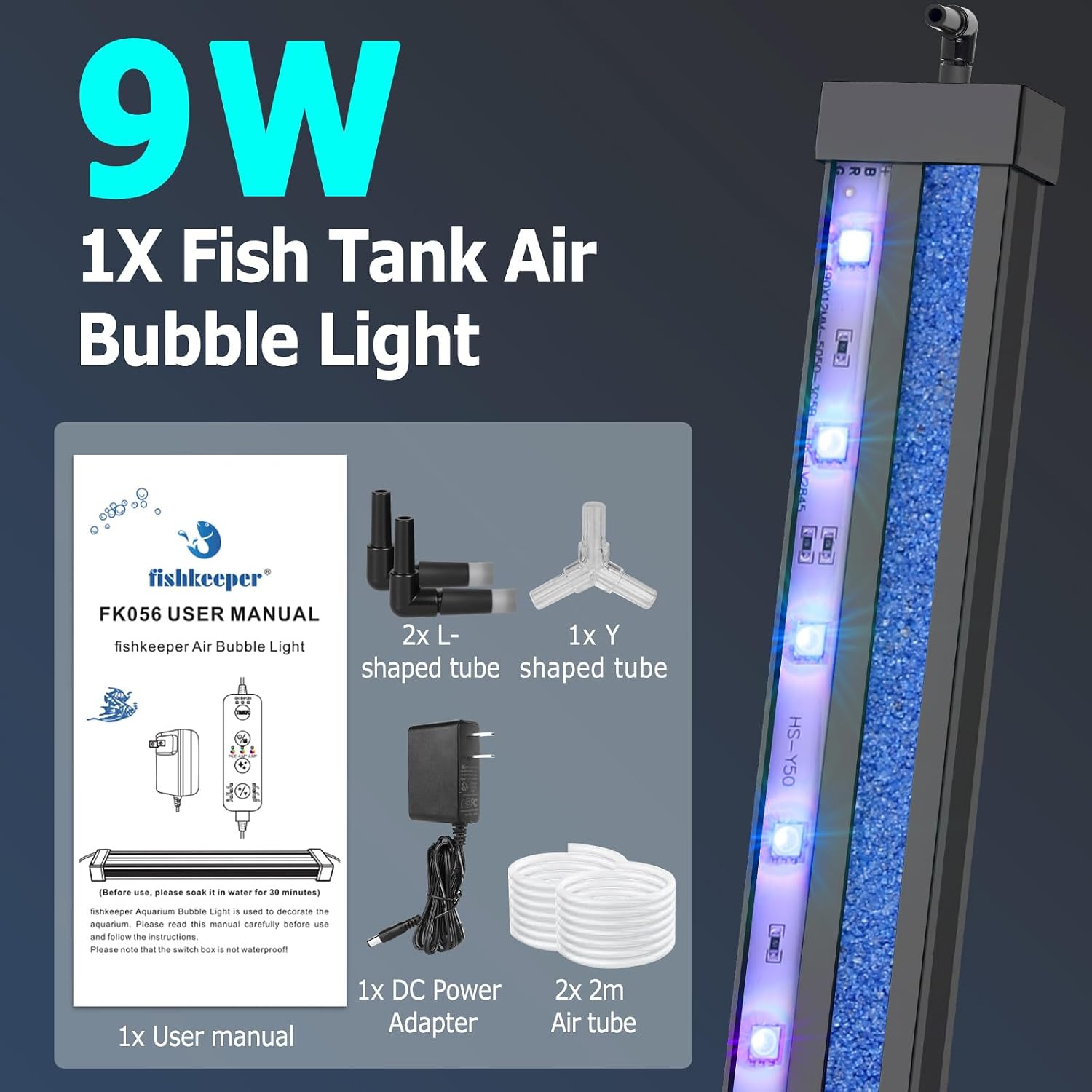 A vibrant aquarium setup illuminated by the Fishkeeper adjustable color cycling bubble light bar underwater.