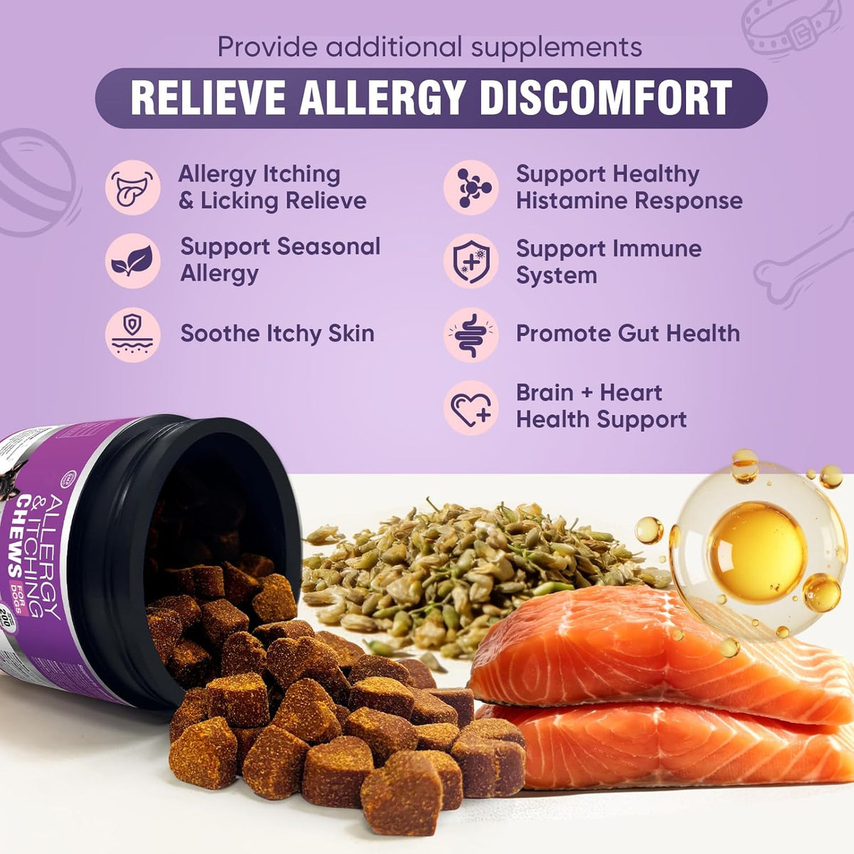 Chicken flavored anti itch soft chews for dogs suffering from seasonal allergies.