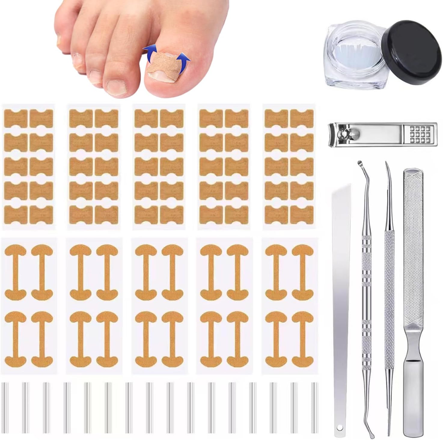 Zeayebsr professional ingrown toenail toolkit showing entire one hundred sixty piece collection on a neutral backdrop.