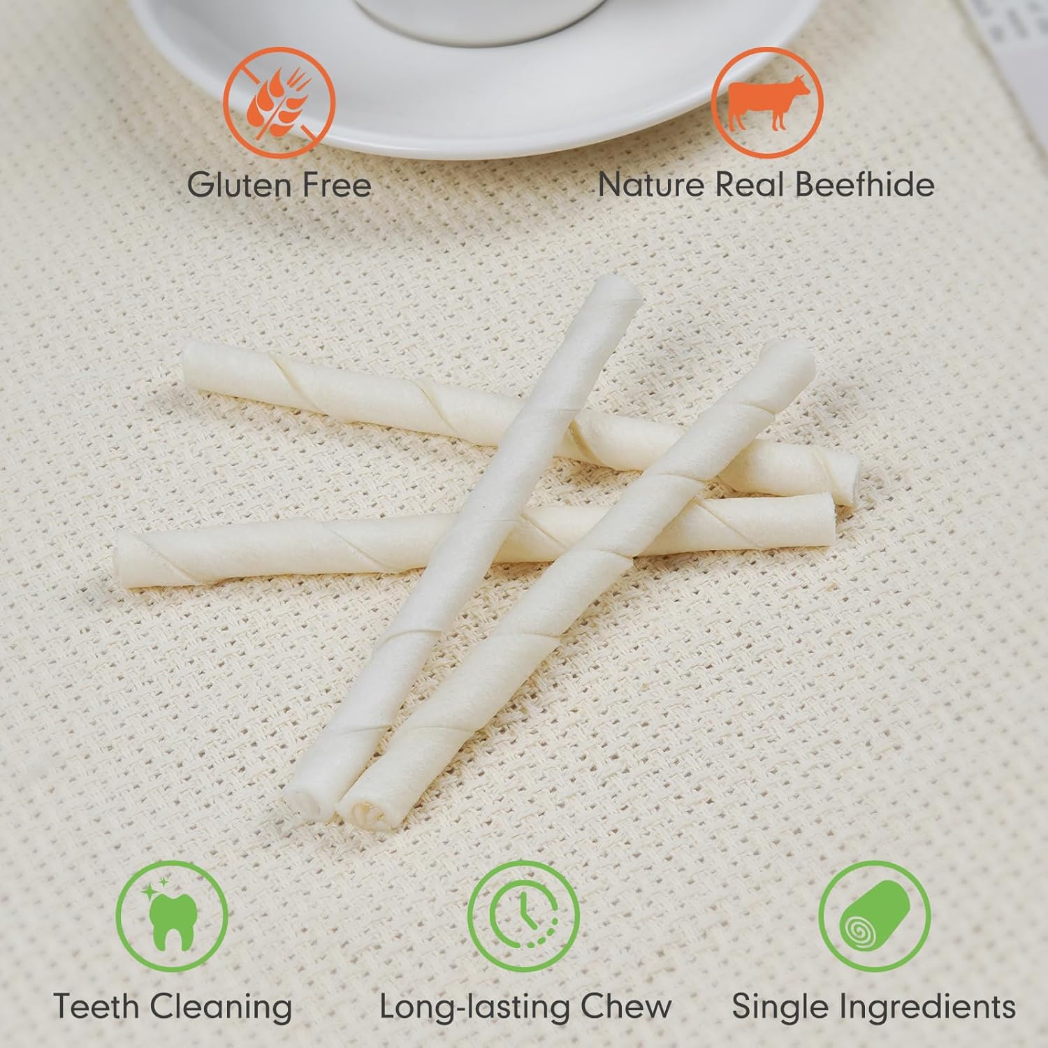 Close up of Mon2sun thin rawhide dental sticks for puppies