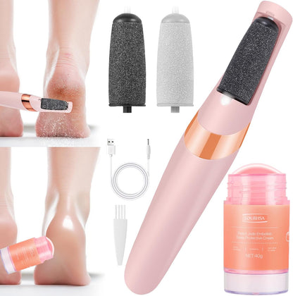 LDG FLY electric foot file and urea cream kit front view showing pink and rose gold design.