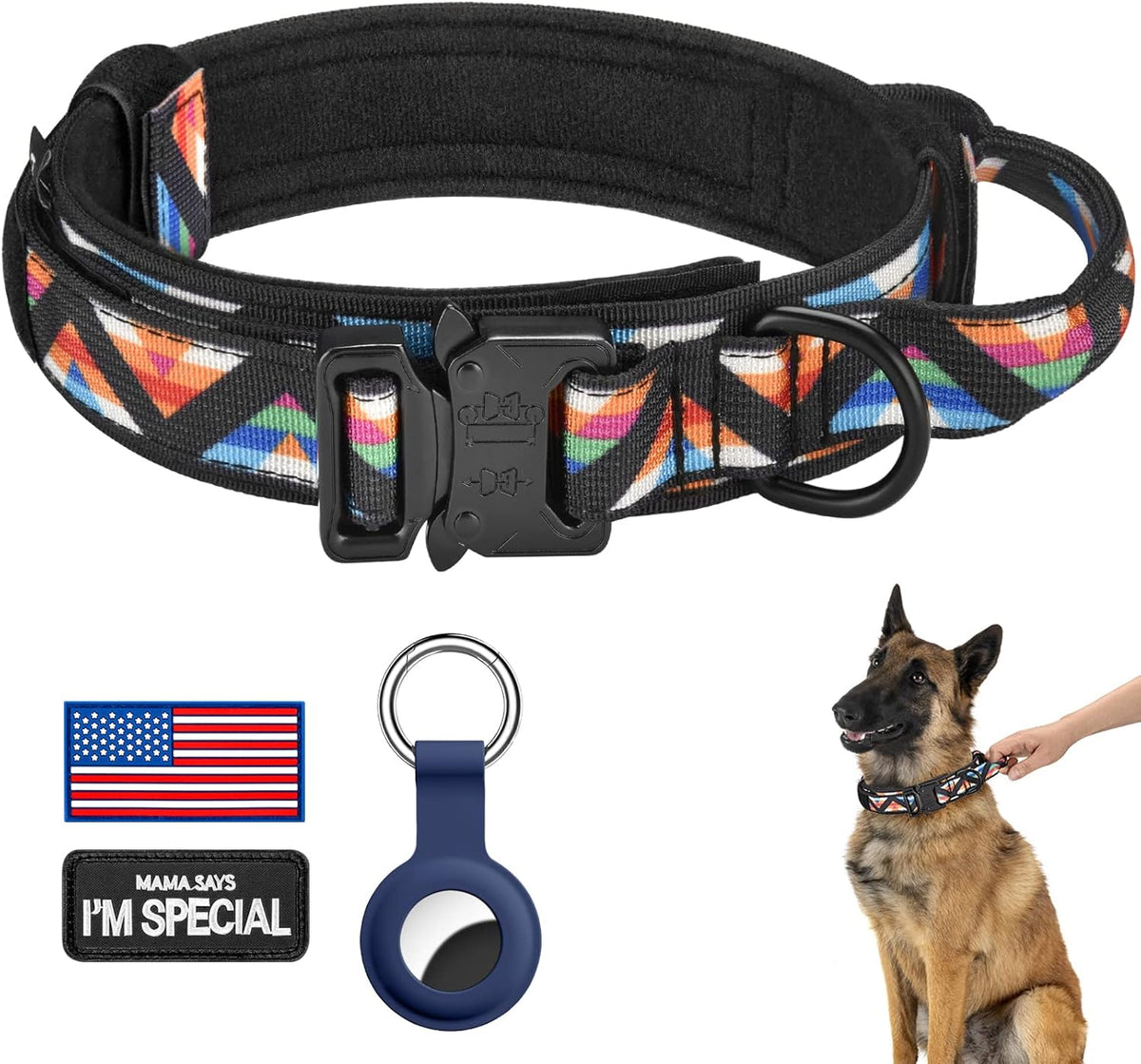 DAGANXI Tactical Dog Collar, Adjustable Military Training Nylon Dog Collar with Control Handle and Heavy Metal Buckle for Medium and Large Dogs, with Patches and Airtags Case (L, Black) - Image 13