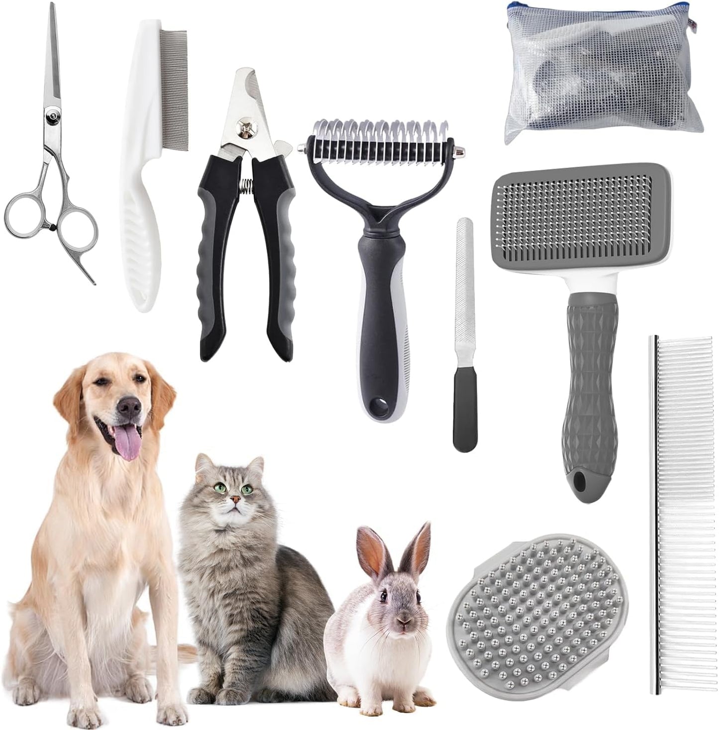 Pink pet bath accessory kit including scrubber gloves and drying towel.