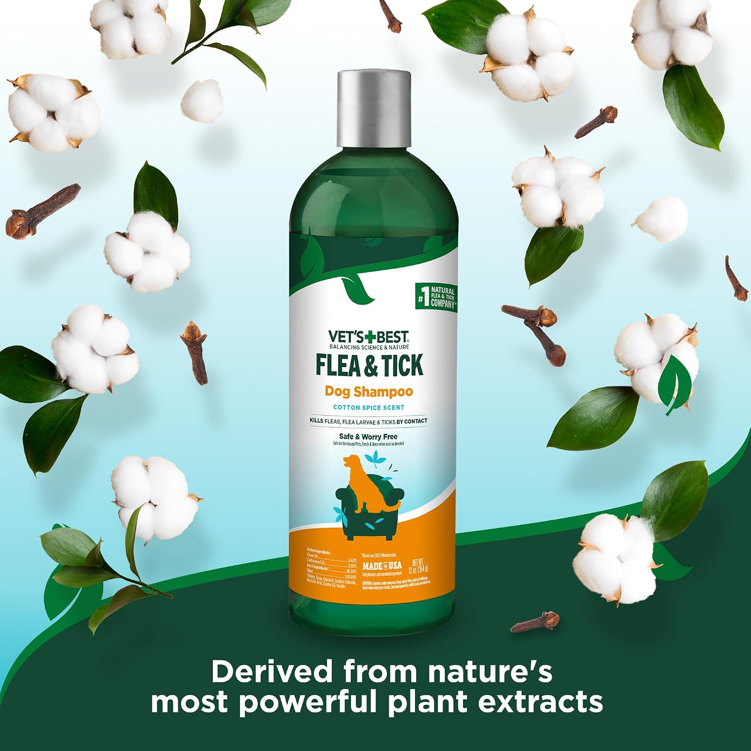 Cotton spice scent dog flea protection shampoo bottle packaging details