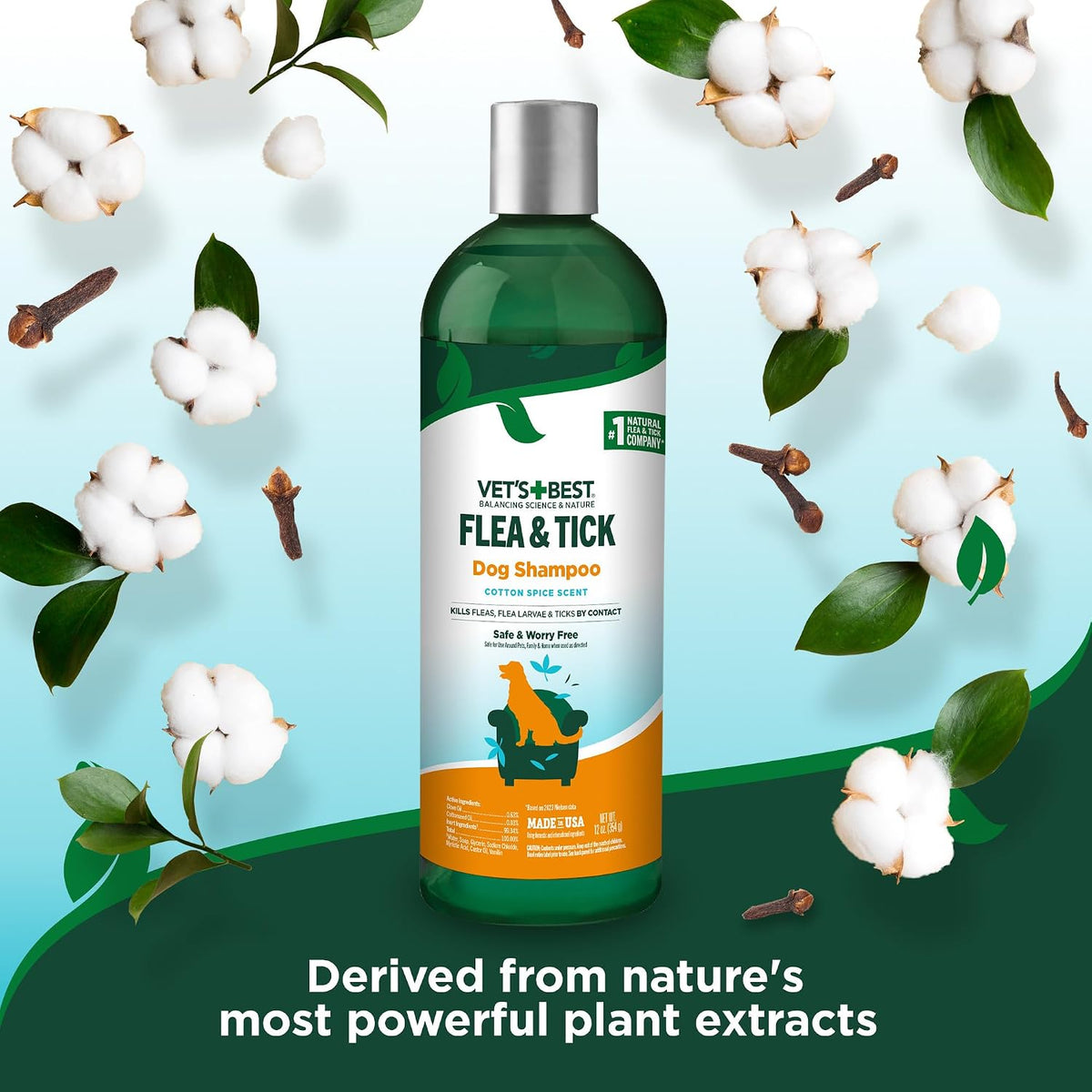 Cotton spice scent dog flea protection shampoo bottle packaging details