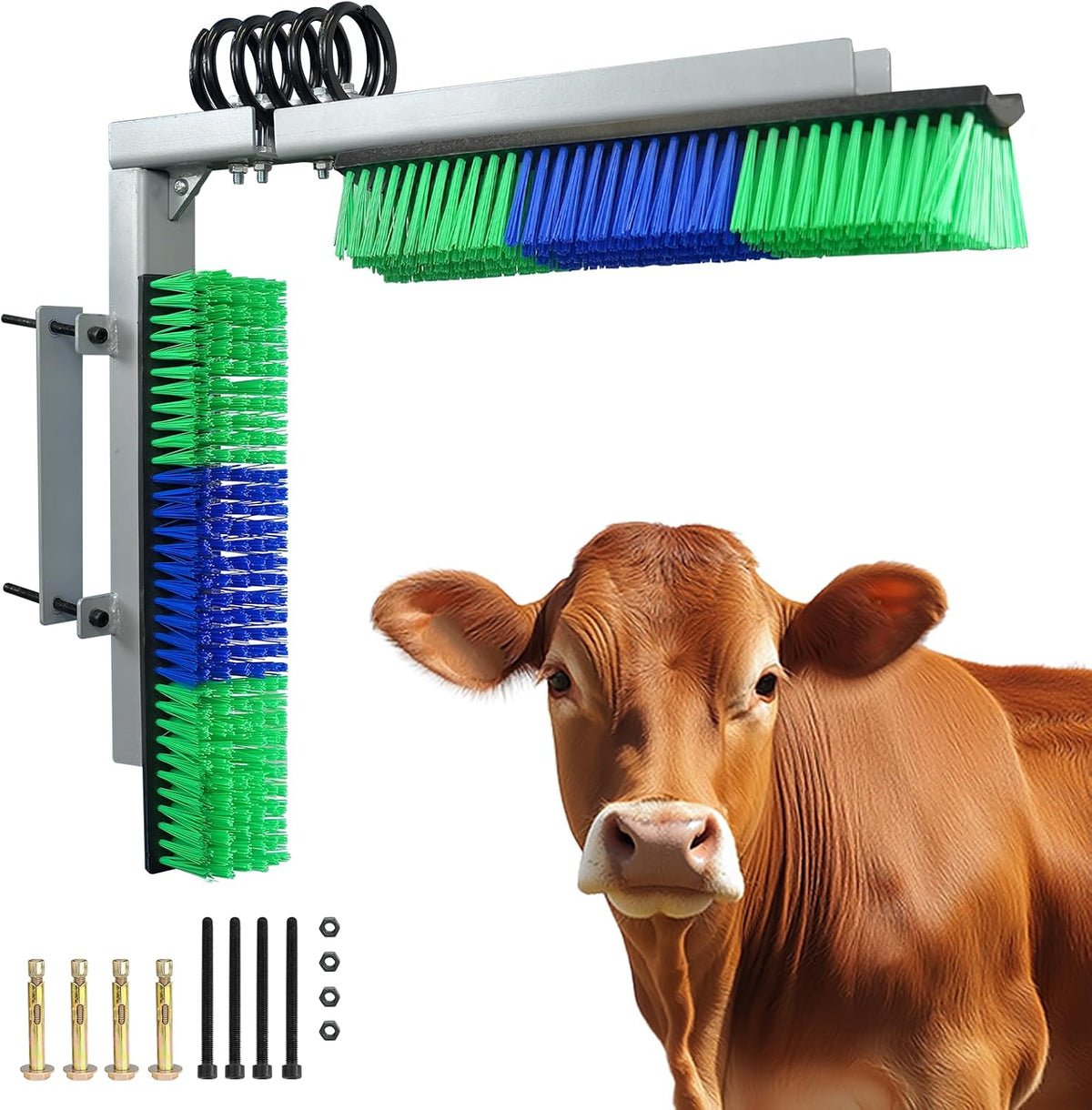 Livestock Scratch Brush With Spring Iron HolderAnimal Back Scratching Brush Including 4pcs goat brushes, 4 stands and accessories For Cow,Cattle,Sheep, Horses,PigsMassage Grooming ToolYellow - Image 9