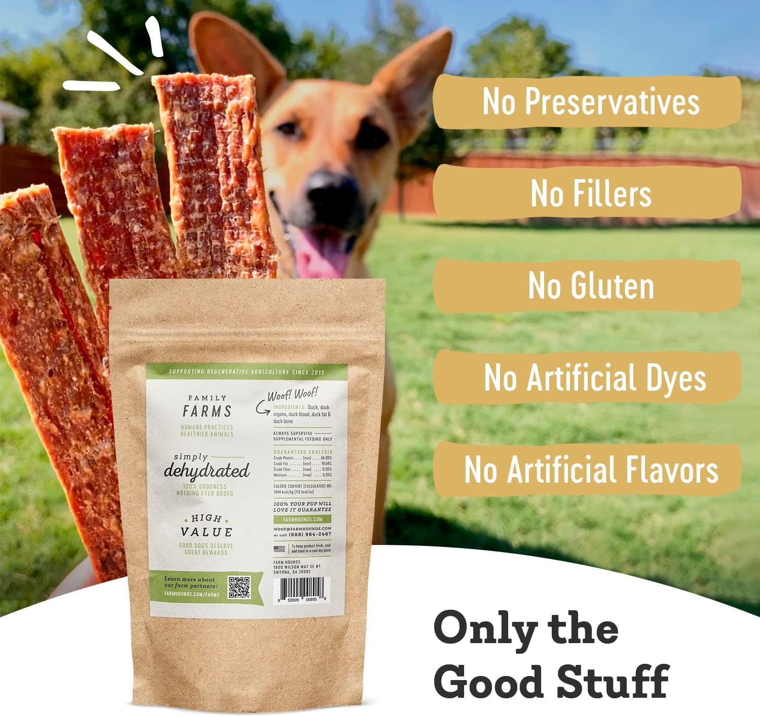Close up of Farm Hounds duck jerky strip texture