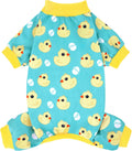 XPUDAC dog pajamas front view showcasing the teal fabric and yellow duck print on a small dog.