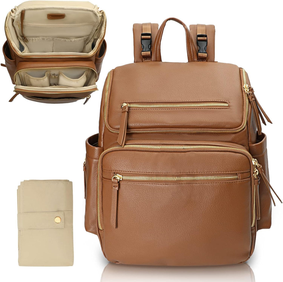 Omanmoli large leather diaper bag backpack front view in brown