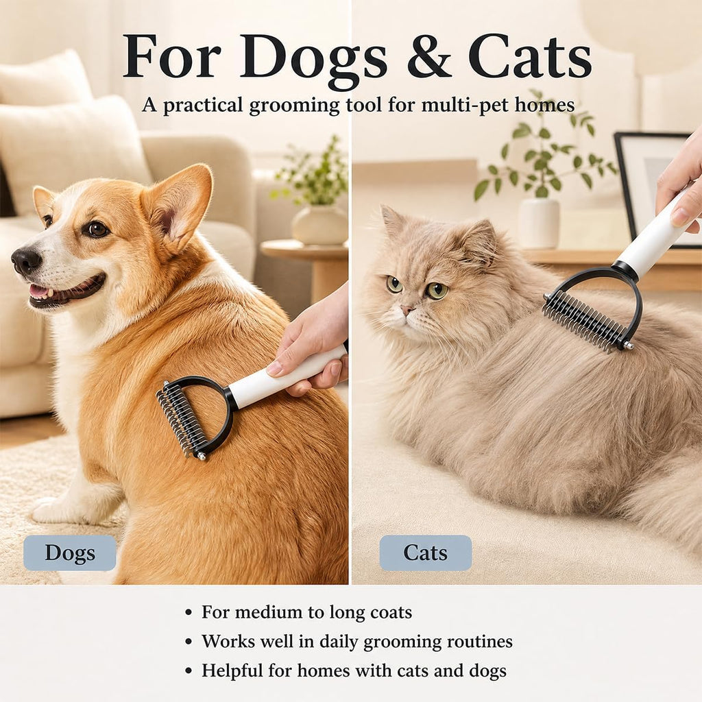 Txibi dual sided pet rake removing loose undercoat fur from a cat