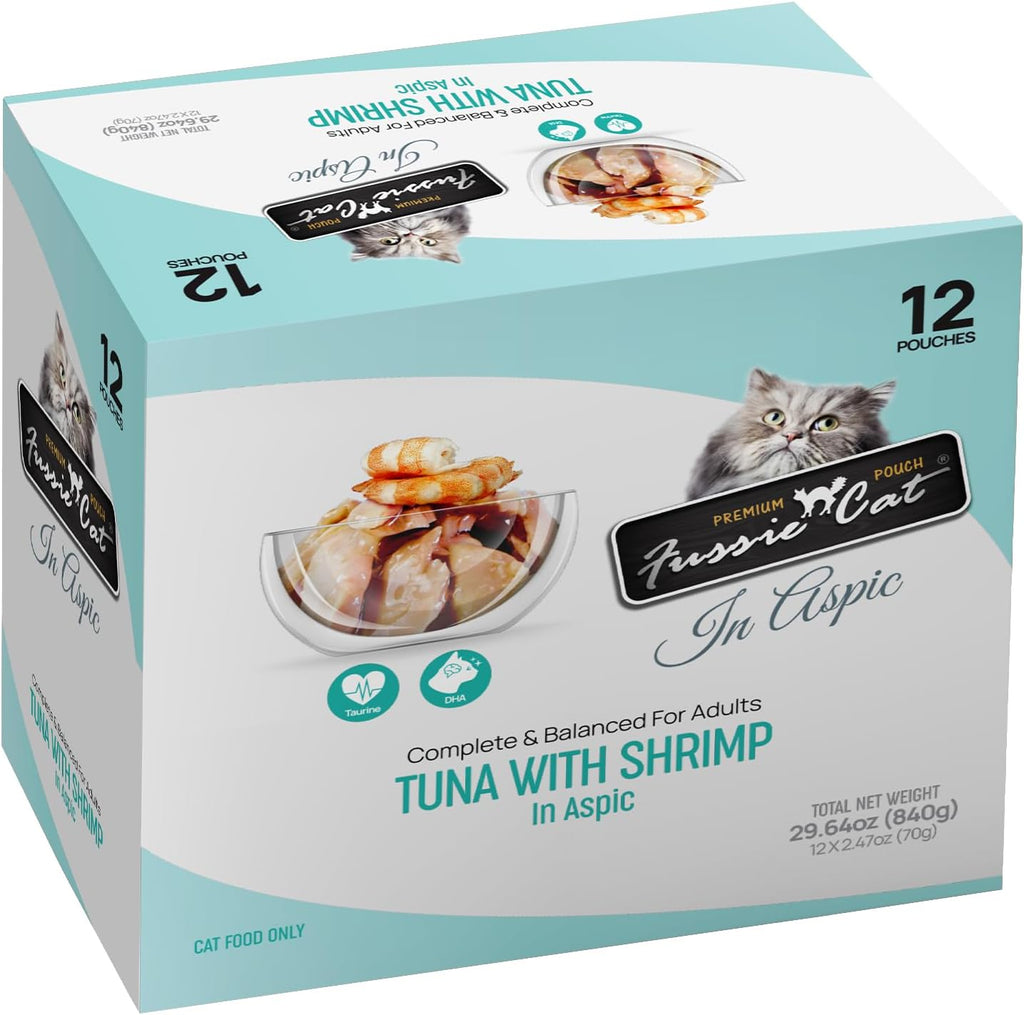 High protein grain free wet cat food pouch by Fussie Cat for adult feline skin and coat health