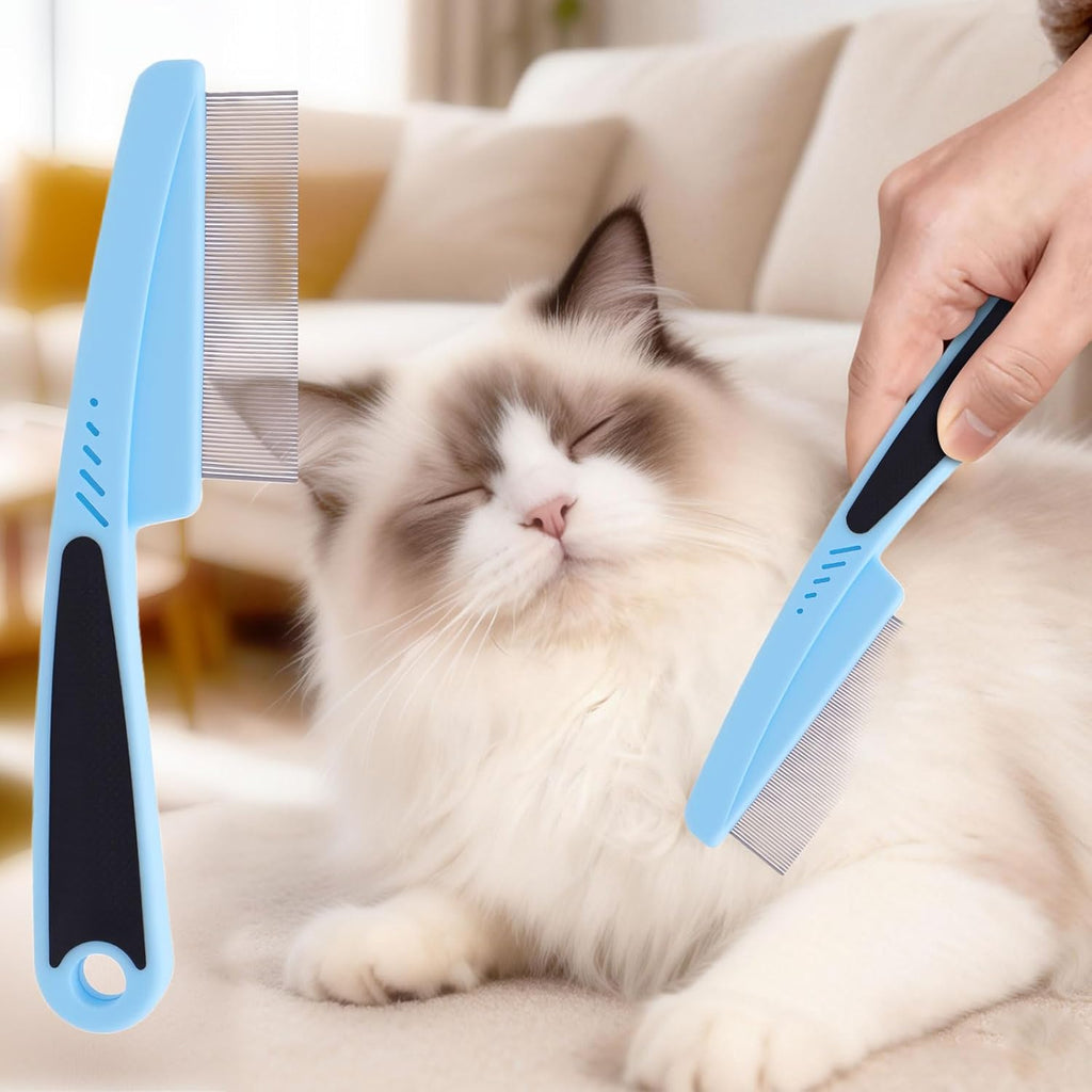 Aumuca dog and cat flea comb front view showcasing the blue handle and fine stainless steel teeth.