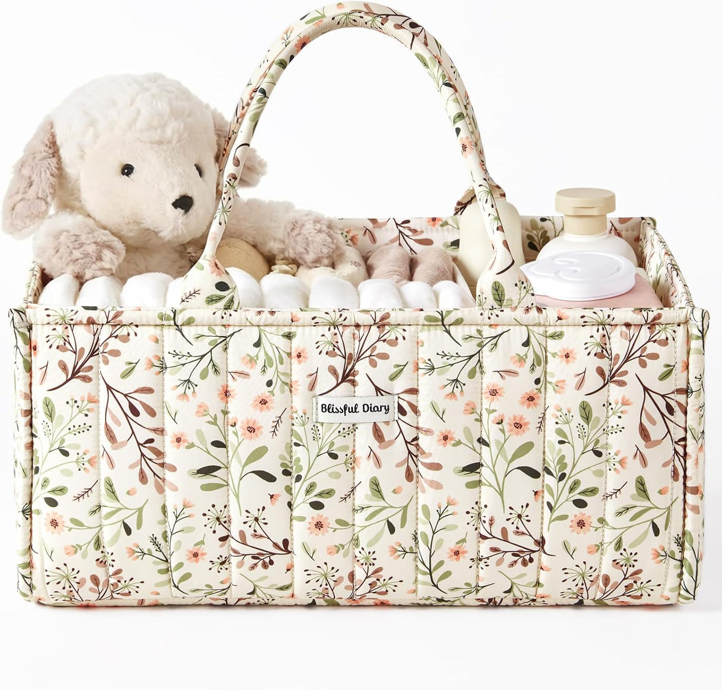 Blissful Diary floral diaper caddy organizer front view for nursery storage