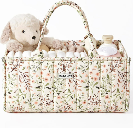 Blissful Diary floral diaper caddy organizer front view for nursery storage