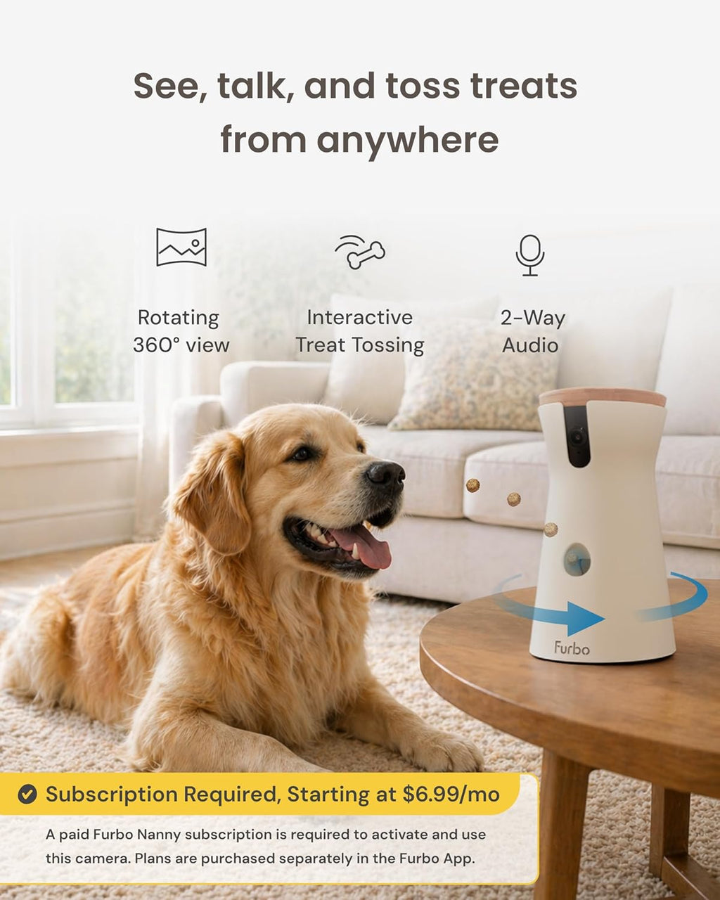 Interactive pet monitor tossing a treat to a dog in a living room