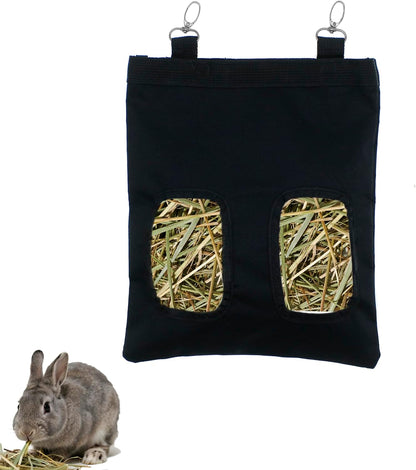 Rabbit Hay Feeder Bag Hanging Guinea Pig Hay Feeder with 2 Holes for Chinchilla Hamster Bunny Small Animal Pet Storage Pouch Black - Image 1