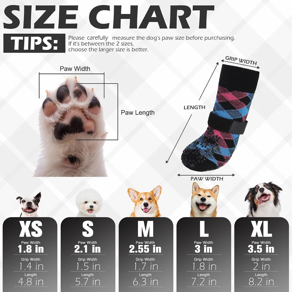 Dog wearing beige argyle anti-slip paw protectors