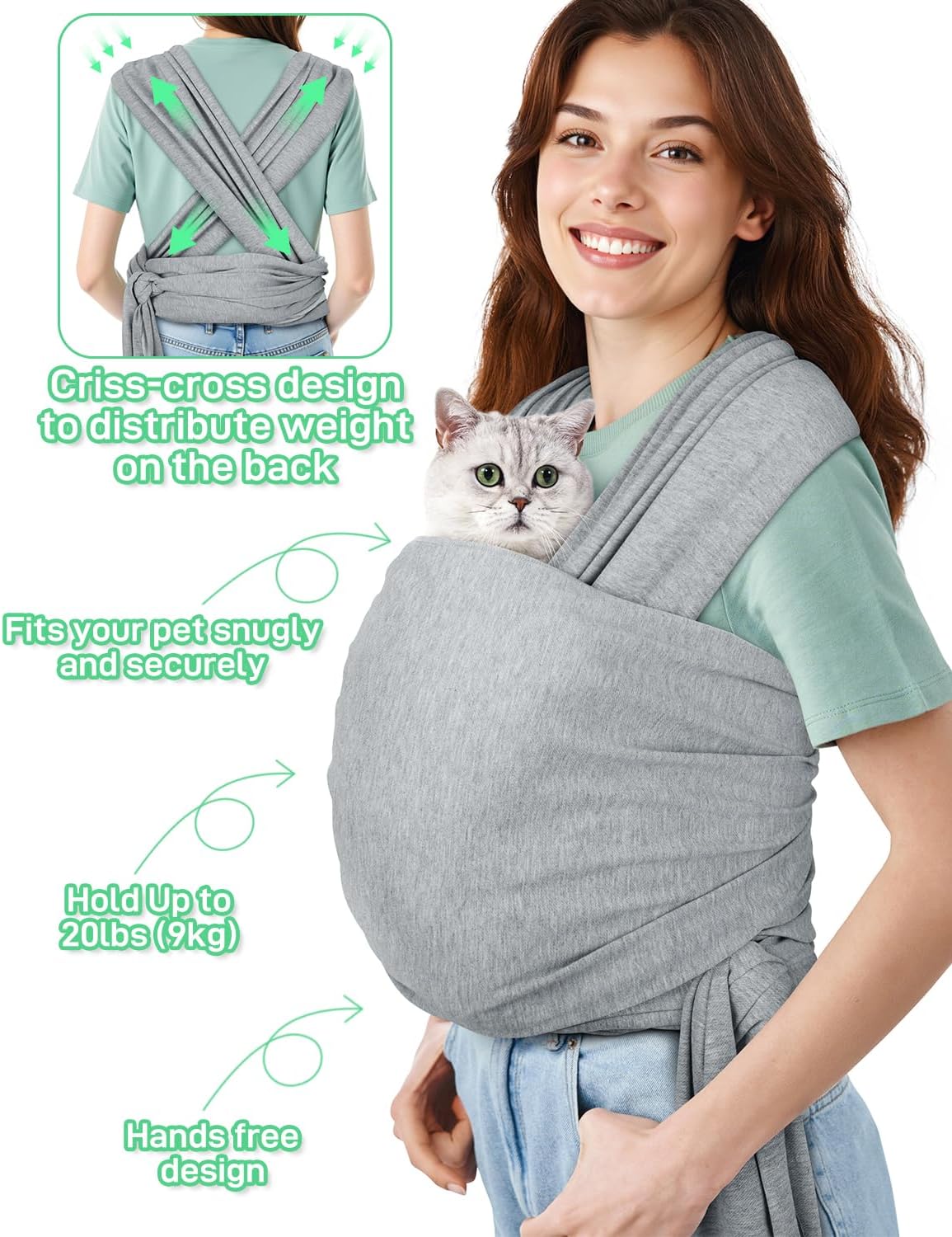 Hands free pet sling showing adjustable strap mechanism