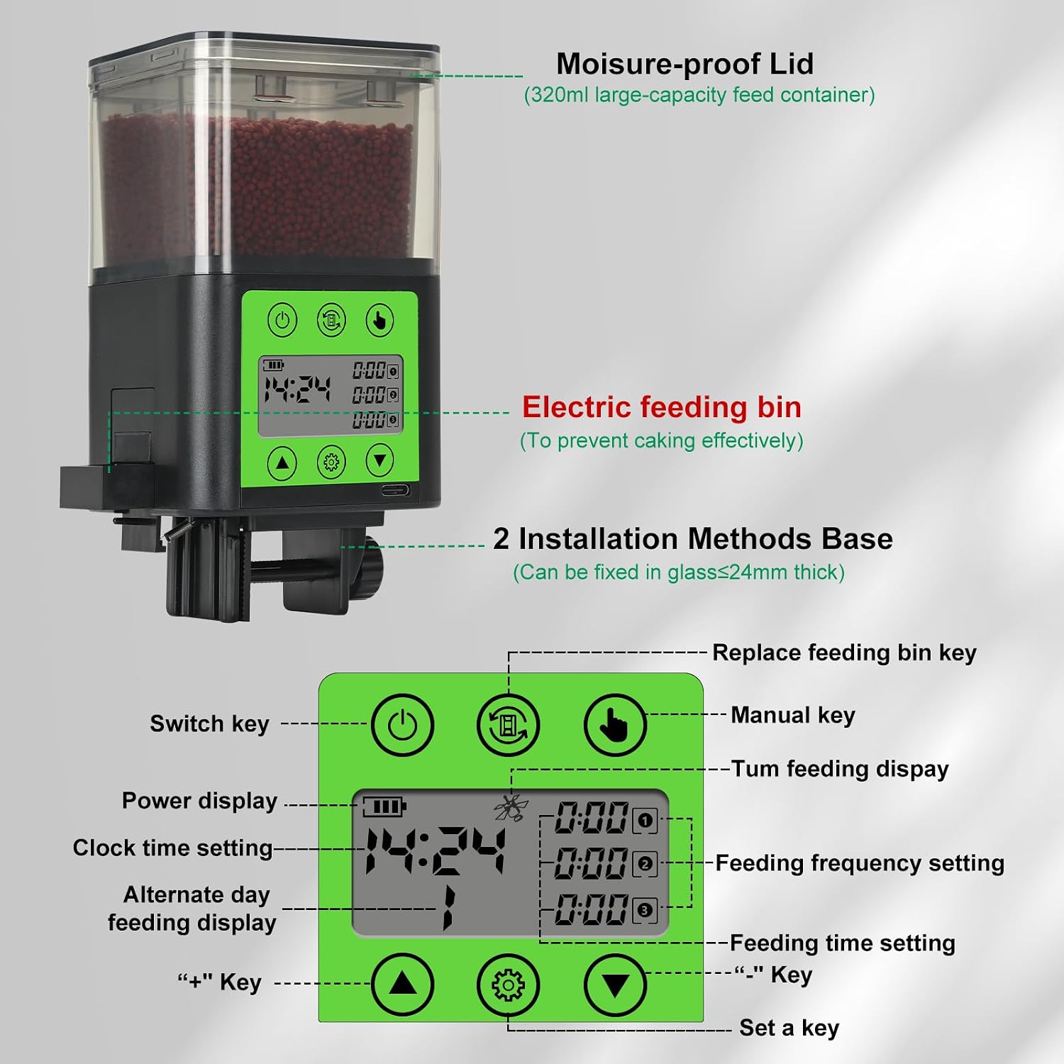 Lychee automatic aquarium feeder showing the dual feeding rings included in the package.