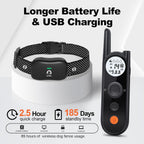 Handheld dog training remote with safety keypad lock and built-in flashlight feature.