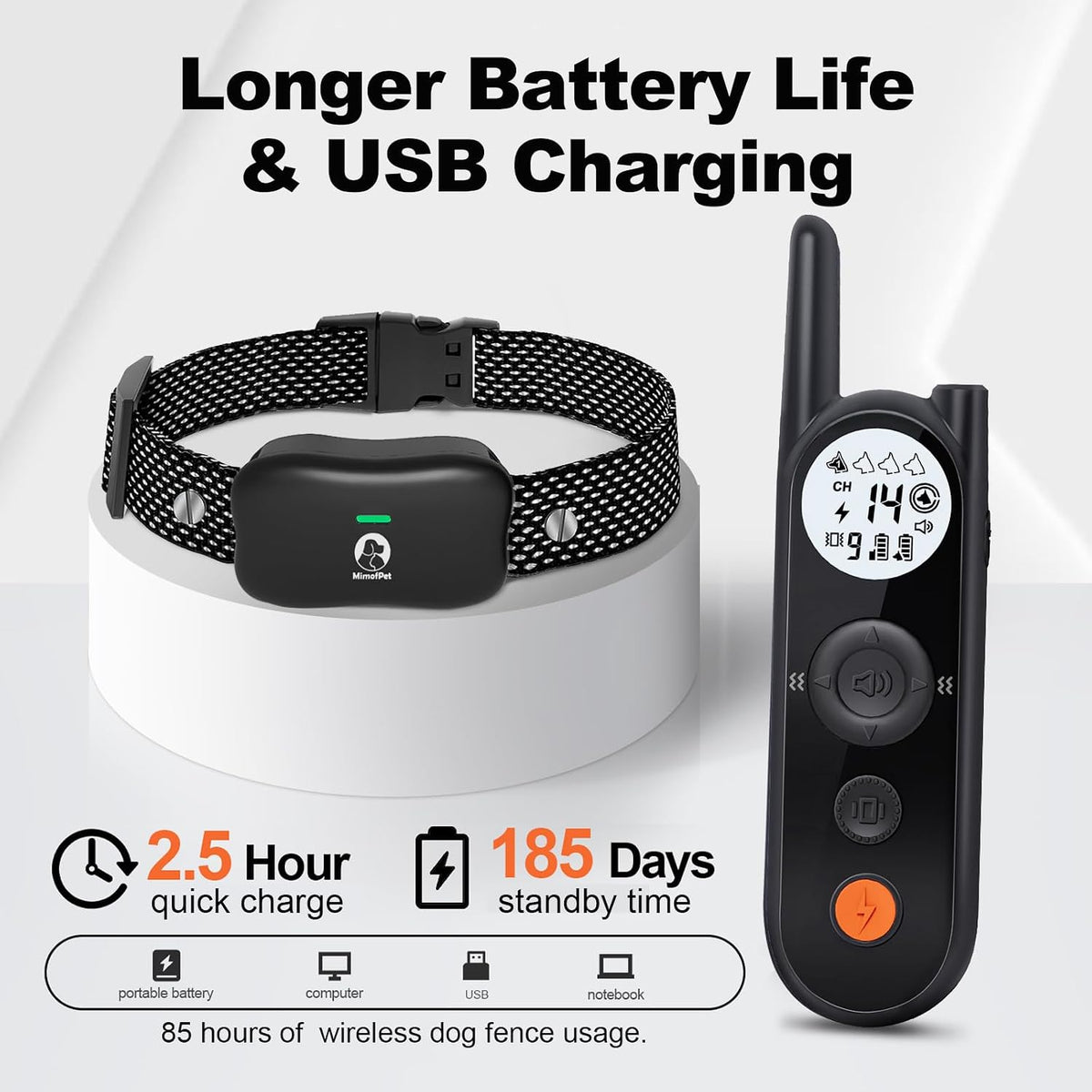 Handheld dog training remote with safety keypad lock and built-in flashlight feature.