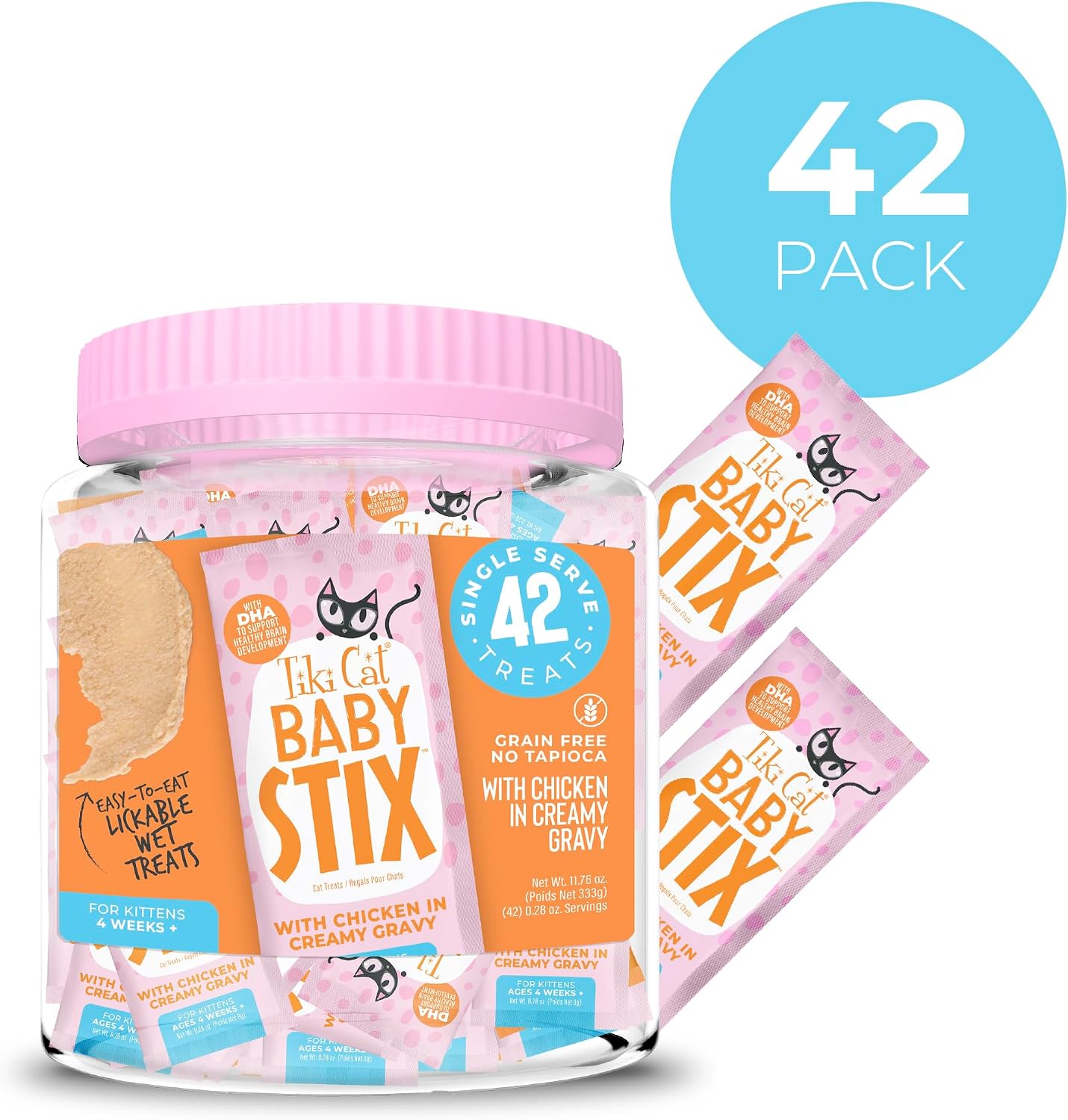 Close up of Tiki Cat Baby Stix chicken sachet for kittens
