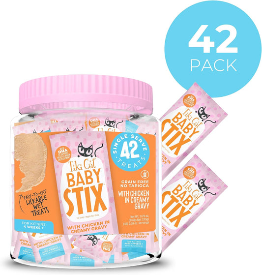 Close up of Tiki Cat Baby Stix chicken sachet for kittens