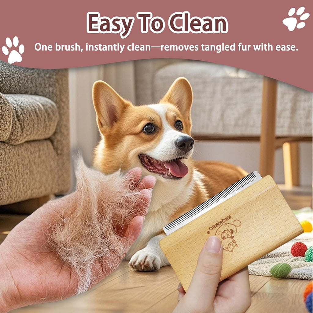 Stainless steel pet grooming rake layout highlighting the uniform straight metal teeth for efficient deshedding.