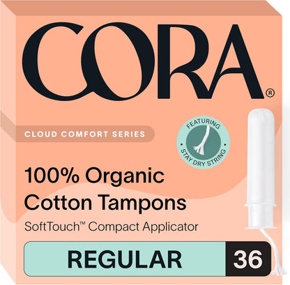 Cora Organic Cotton Tampons 36 Regular Count box front view