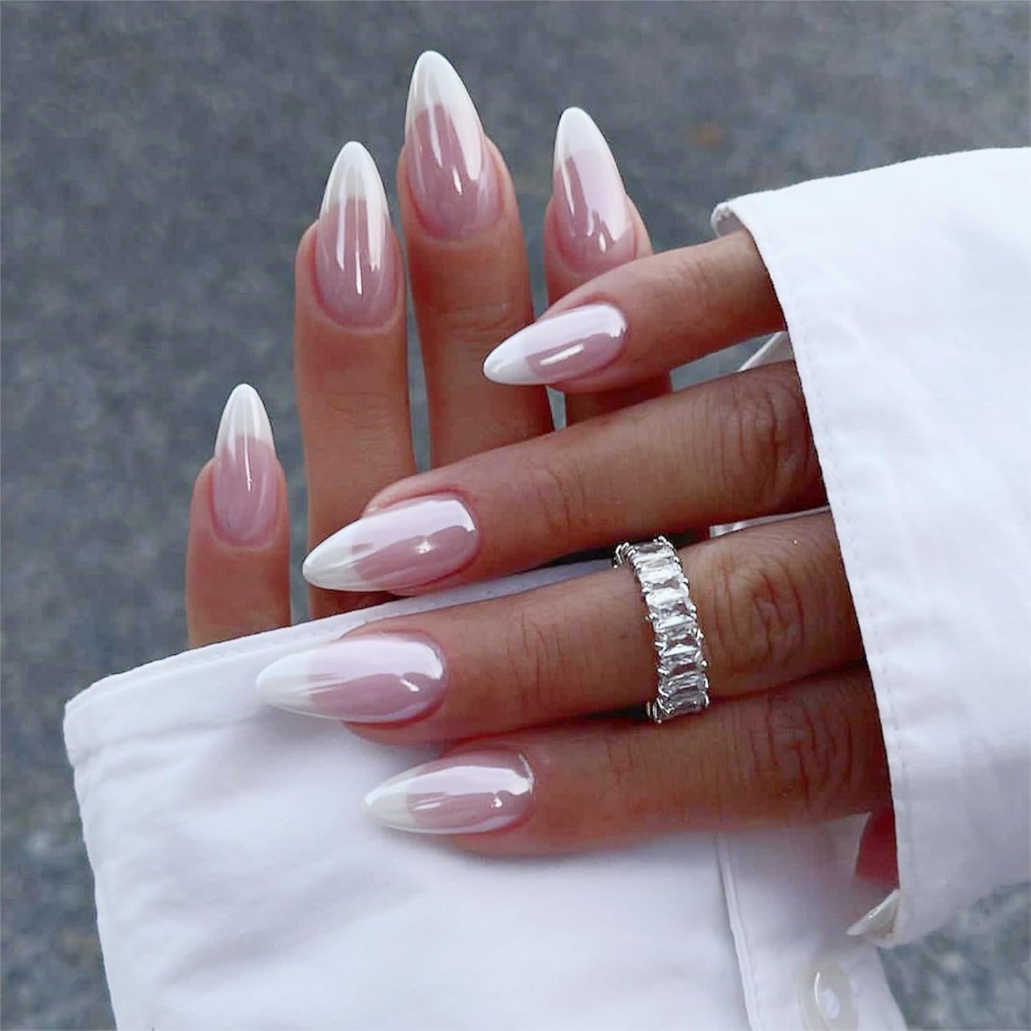 Fjsmtopl almond french tip chrome press on nails front view