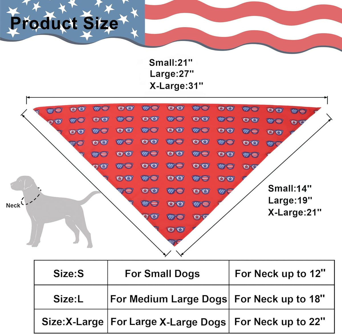 Large dog model wearing red blue and white flag bandana