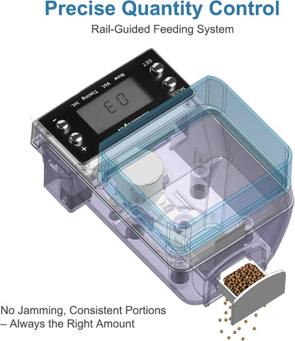 Fishkeeper smart fish food machine dispensing small pellets into a clean tropical fish aquarium environment.