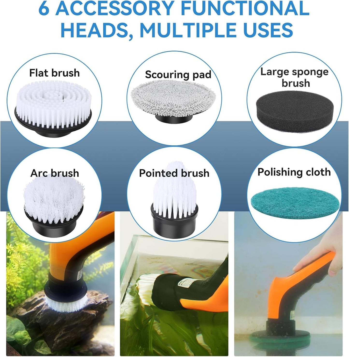 Hygger waterproof aquarium scrubber submerged in a fish tank cleaning algae off glass.