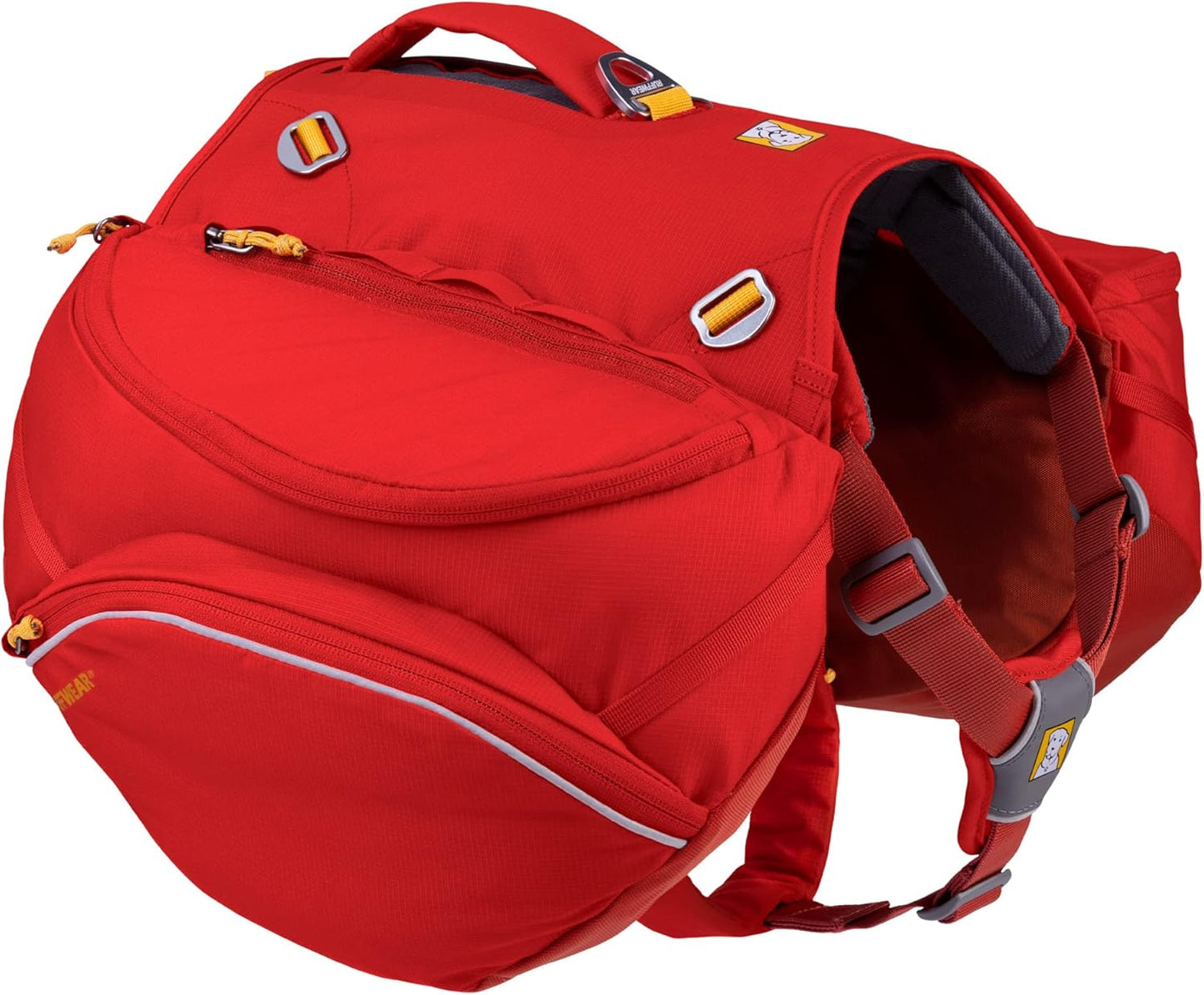 Ruffwear Palisades Dog Backpack front view in Red Sumac on a hiking trail.
