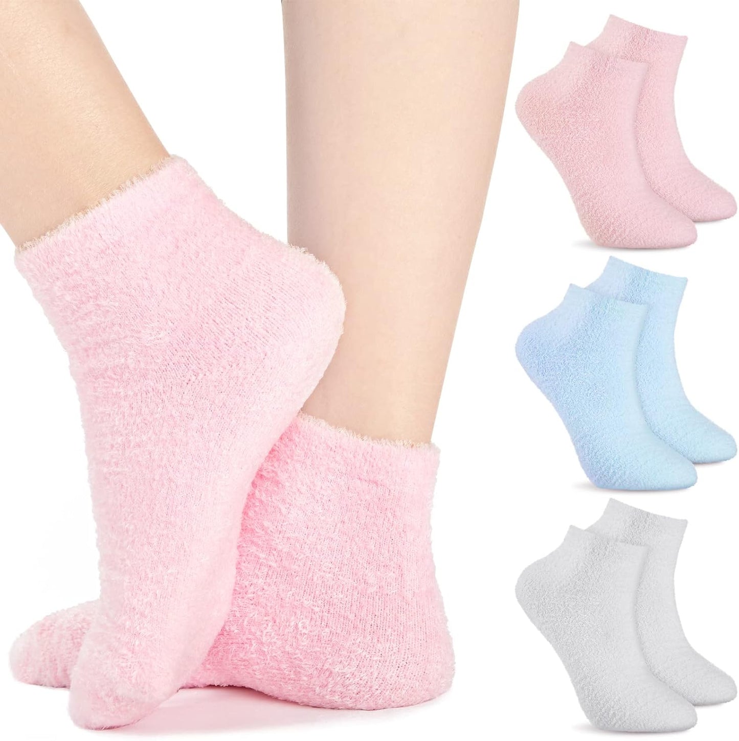 Janmercy Aloe Socks in pink, blue, and gray colors showing the fuzzy outer texture