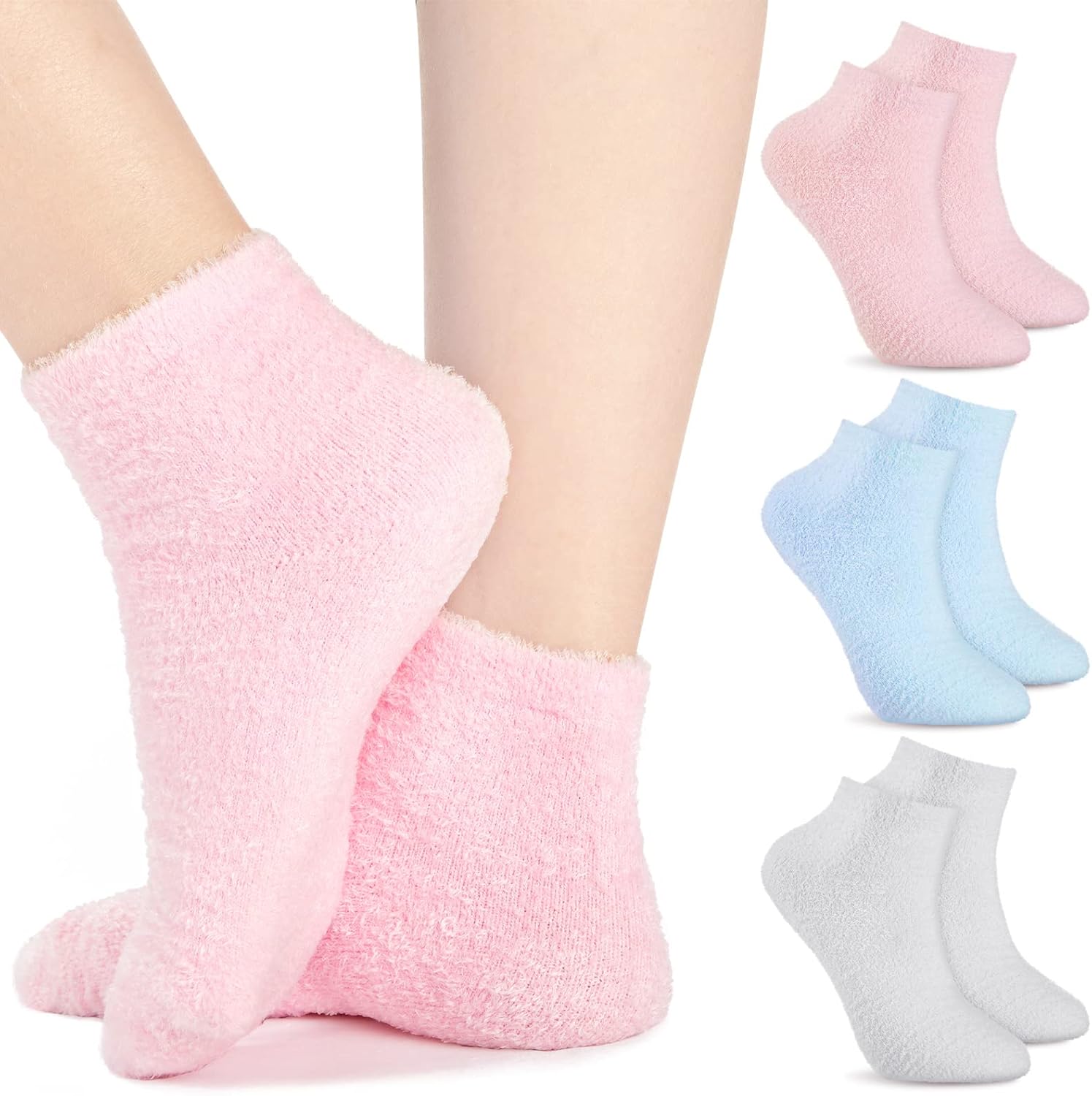 Janmercy Aloe Socks in pink, blue, and gray colors showing the fuzzy outer texture
