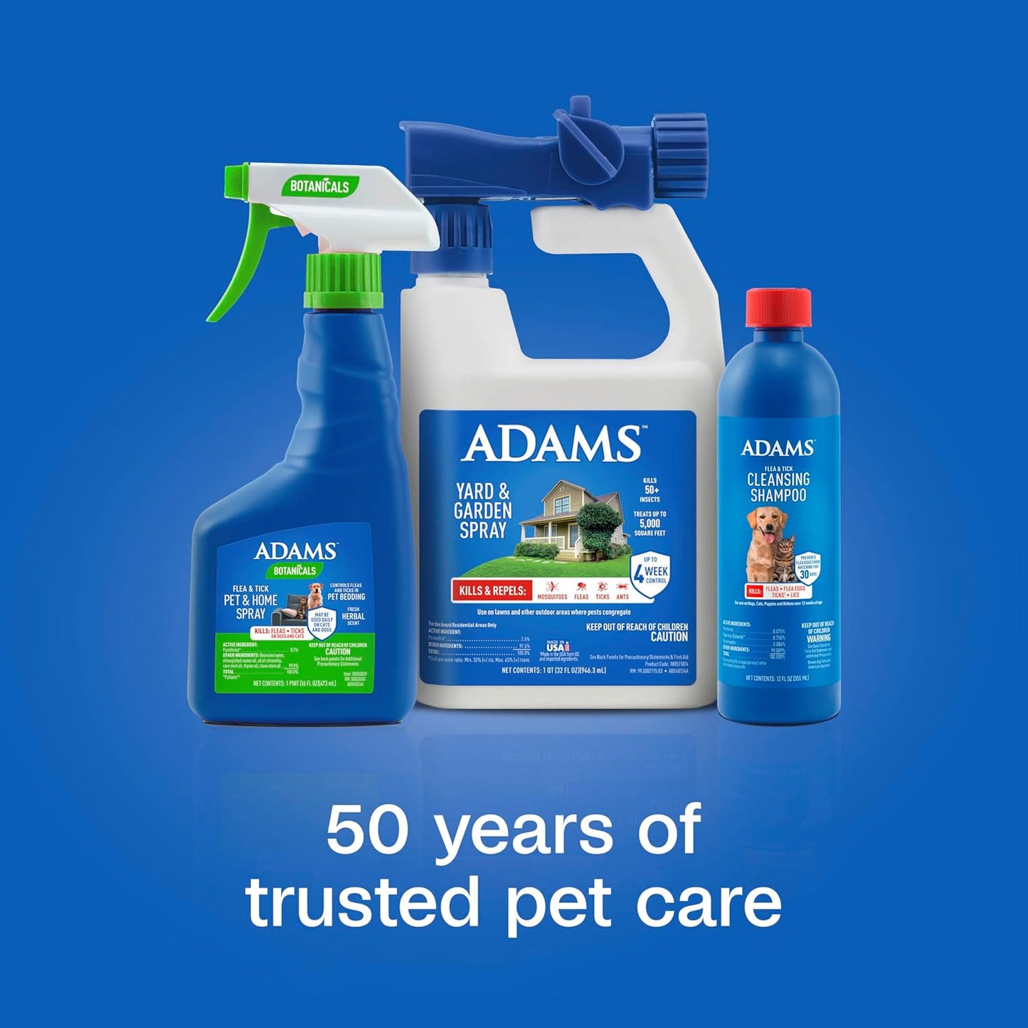 Full range presentation of ADAMS premium dog grooming and tick elimination solutions