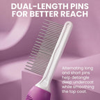 The anti-slip rubber handle grip of the Poodlie pet comb highlighting the comfortable ergonomic design