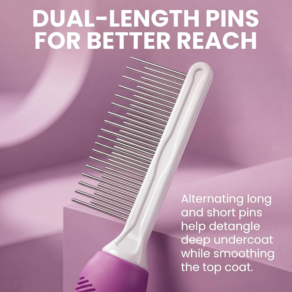 The anti-slip rubber handle grip of the Poodlie pet comb highlighting the comfortable ergonomic design