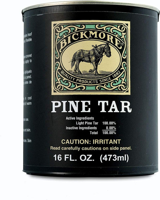 Bickmore Pine Tar 16 Ounce container front view genuine USA imported equine hoof care and wood sealant