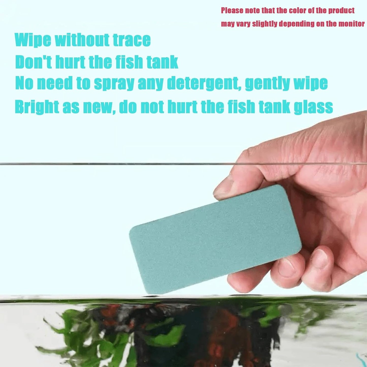 Handheld non scratch cleaning pad removing hard water stains from glass aquarium