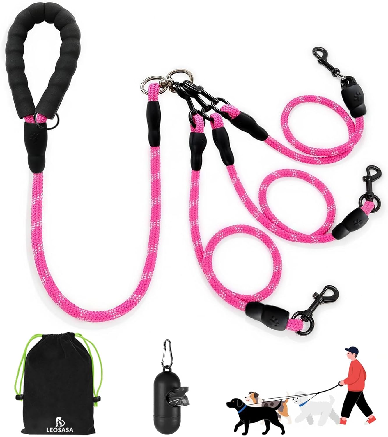 LEOSASA No Tangle Three Dog Leash front view showing the pink braided nylon rope and padded handle.