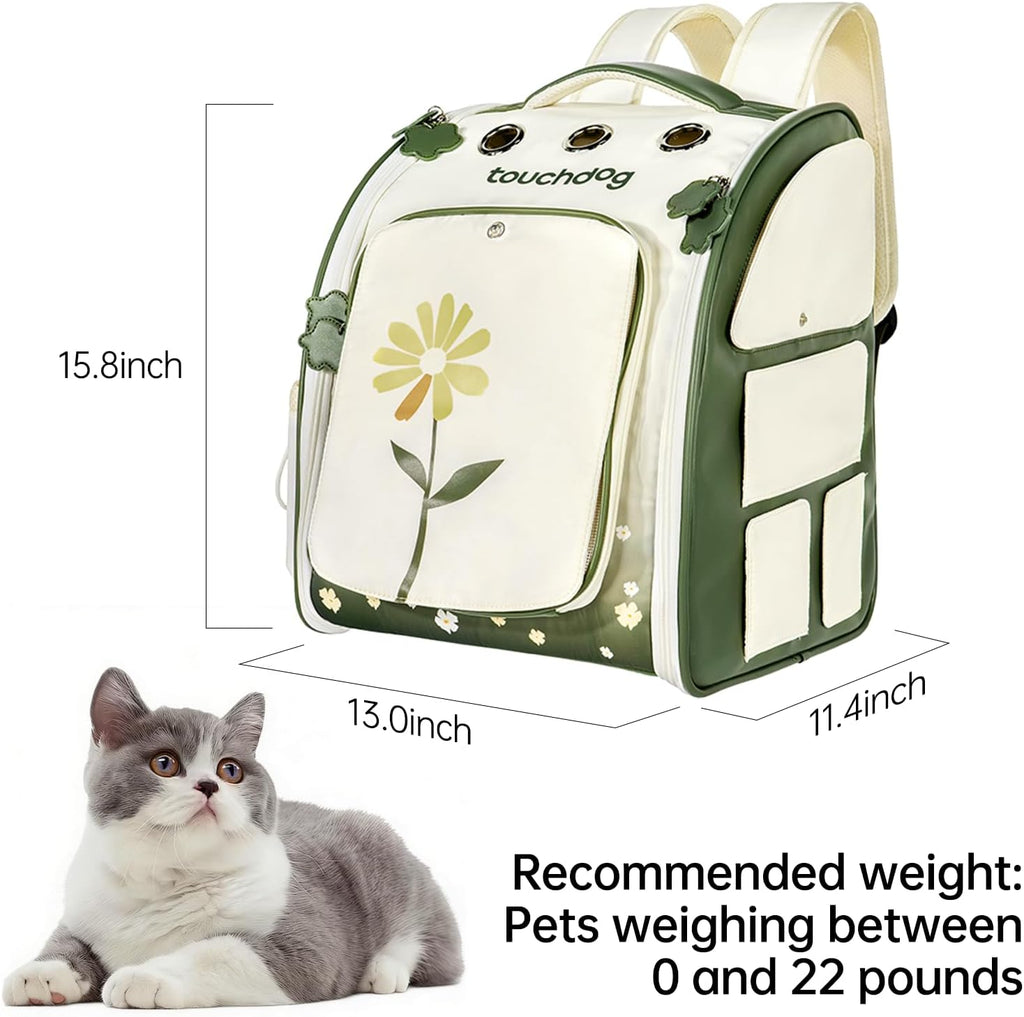 Touchdog pet travel backpack side view highlighting the large ventilated mesh panels for pet airflow.