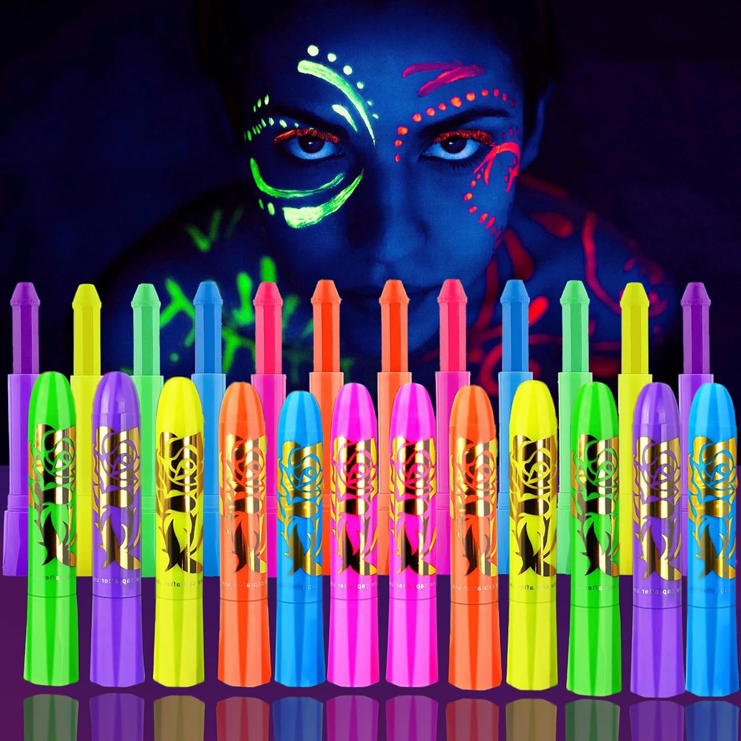 NIUEFH 12 pieces glow blacklight face and body paint makeup kit packaging front view